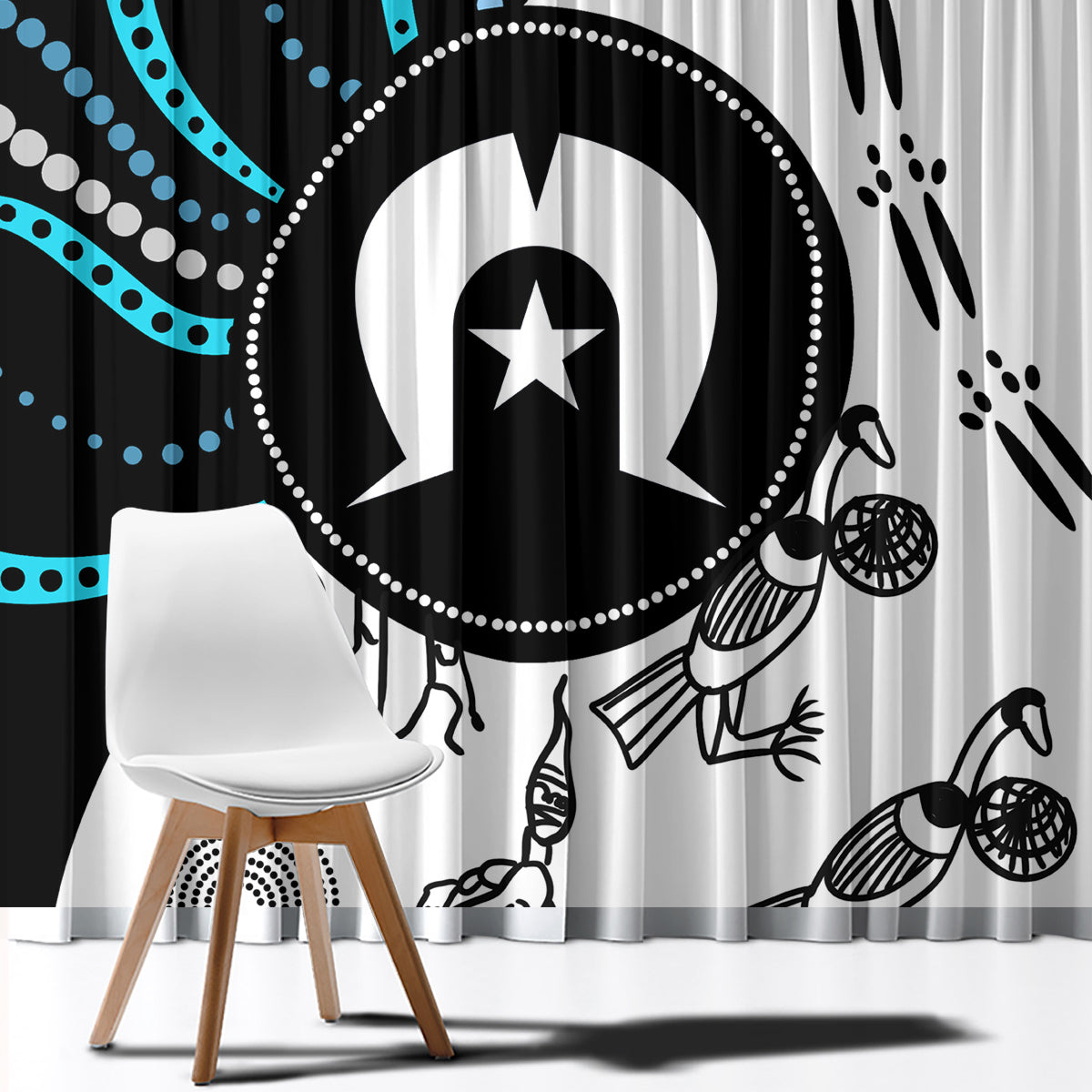 Close-up of window curtain showing Aboriginal-style star-and-circle motif in black/white/teal
