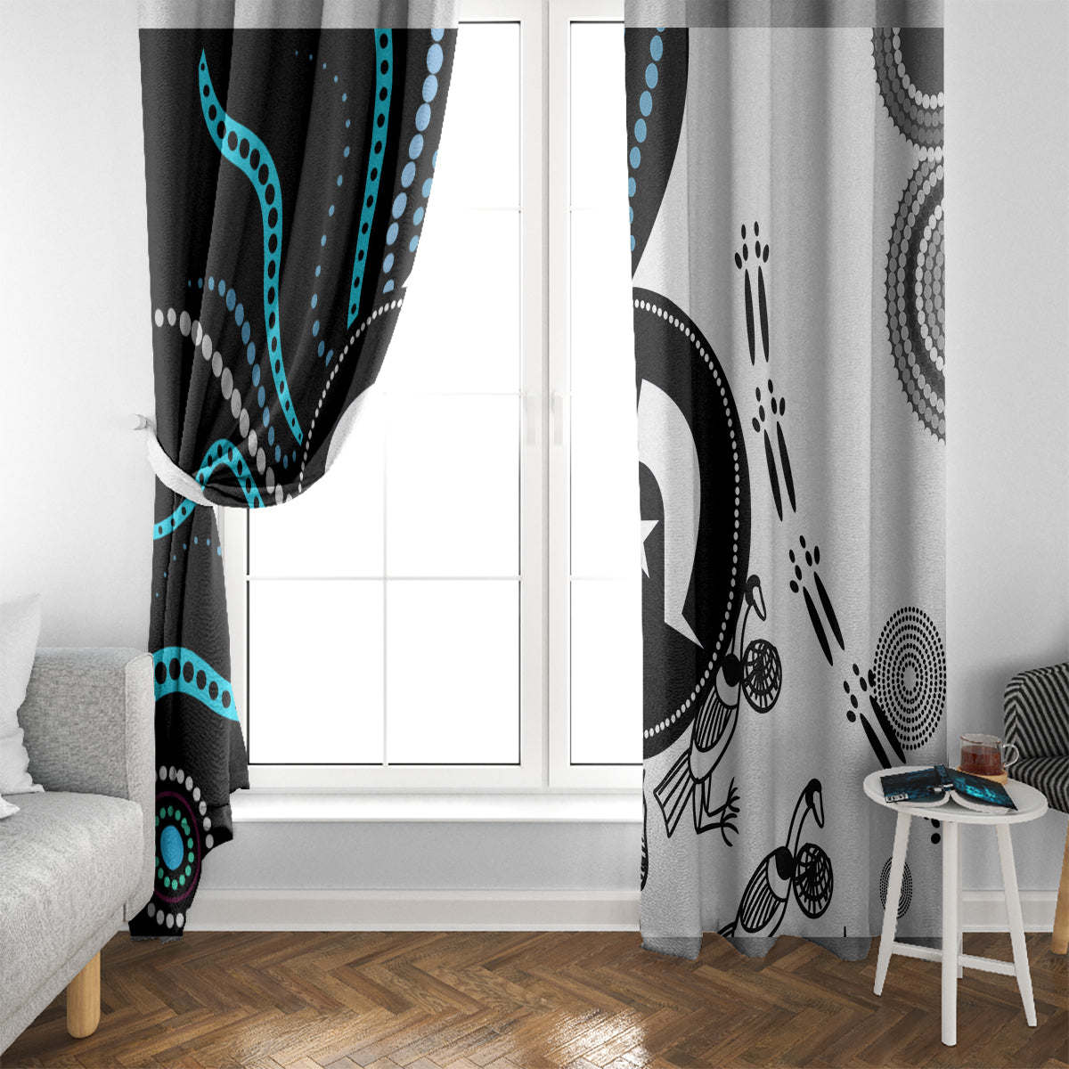 Window curtains with Aboriginal-inspired shapes and dots in black, white, and teal