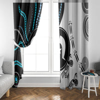 Window curtains with Aboriginal-inspired shapes and dots in black, white, and teal