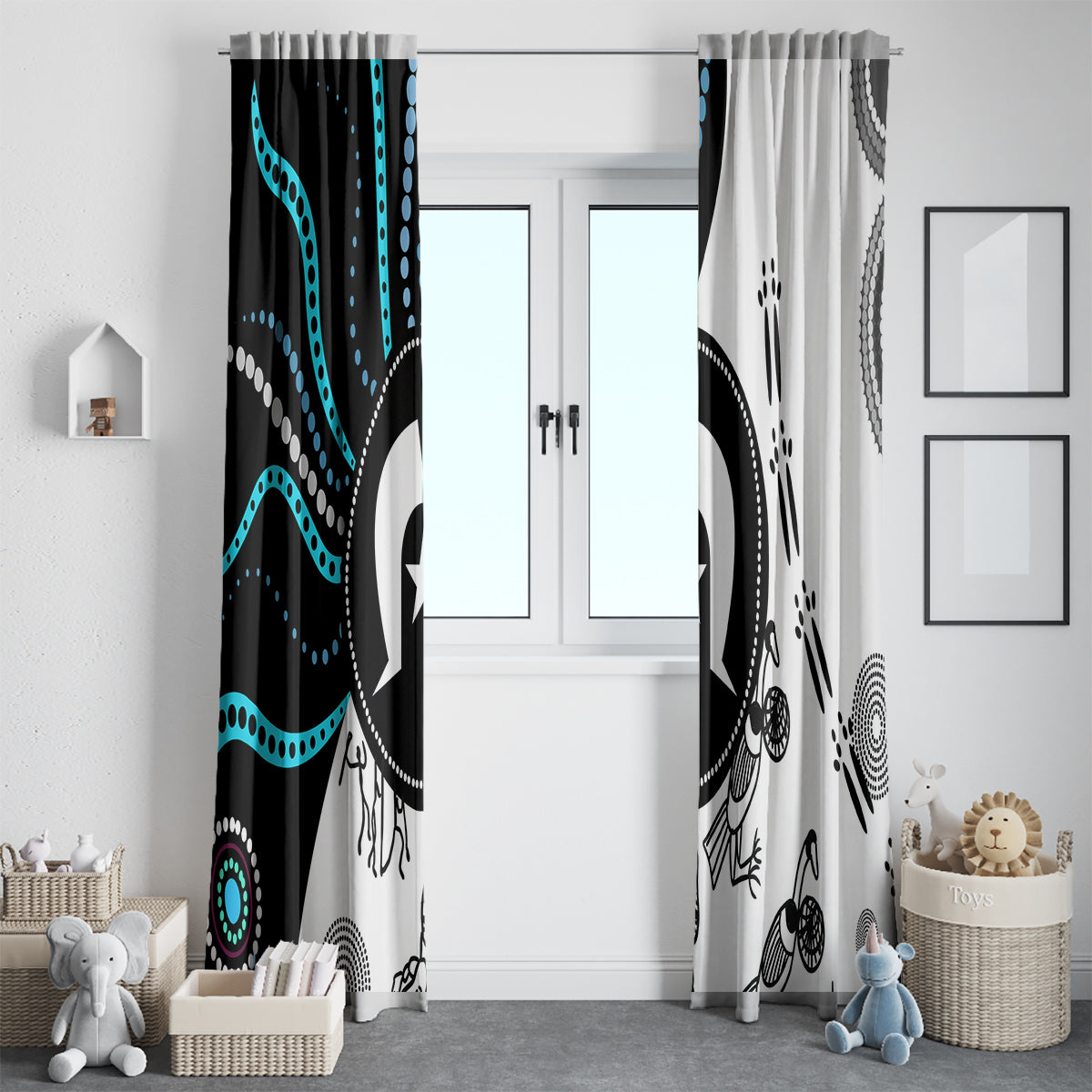 Two window curtains with Aboriginal-style artwork in black, white, and teal multicolor