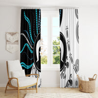 Window curtain pair with Aboriginal-style black, white, and teal multicolor pattern