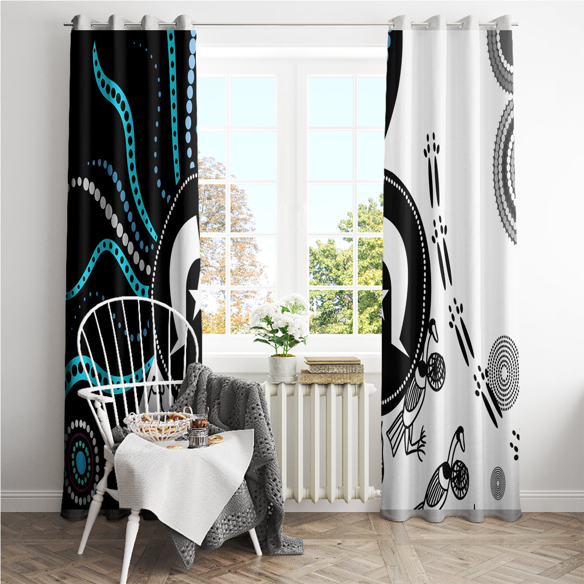 Set of two window curtains with bold Aboriginal motif in black, white, and teal
