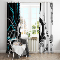 Set of two window curtains with bold Aboriginal motif in black, white, and teal