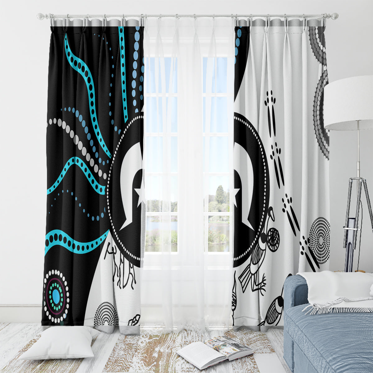 Hanging window curtains with Aboriginal-inspired symbols in black and white with teal accents