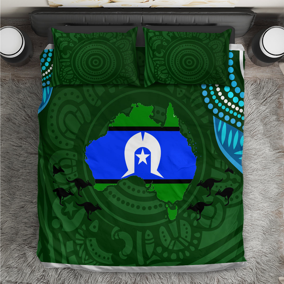 Green aboriginal-inspired bedding set with two pillowcases and blue flag-style center design
