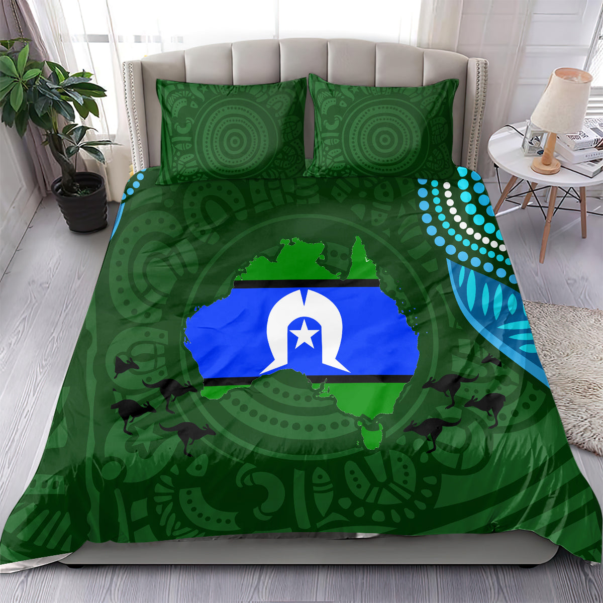 Green aboriginal-inspired duvet set with two pillowcases, blue flag-style center design