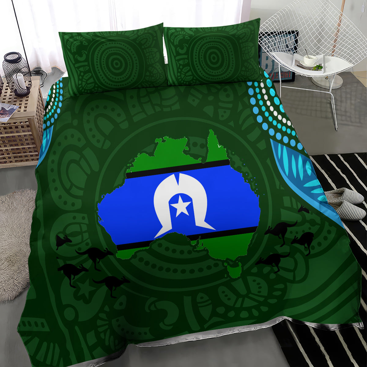 Green aboriginal-inspired bedding set with two pillowcases, bold blue flag-style emblem