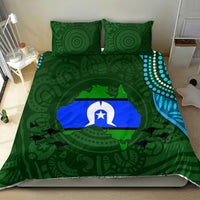 Green aboriginal-inspired bedding set with two pillowcases and blue flag-style center panel