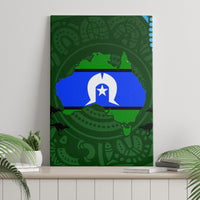 Green Aboriginal pattern canvas wall art with central blue panel and emblem