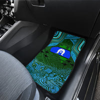Front seat car floor mat with green-and-blue Aboriginal style pattern