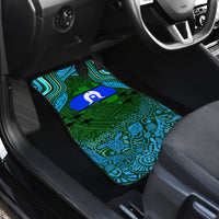 Rear seat car floor mat with green, blue tribal pattern and star motif