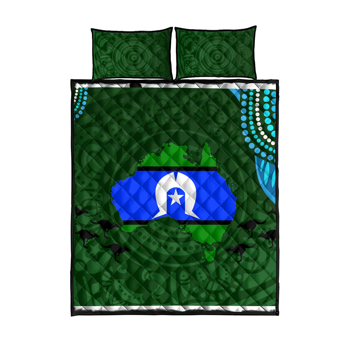 Green quilt bed set with blue-and-white flag graphic and two matching square pillows