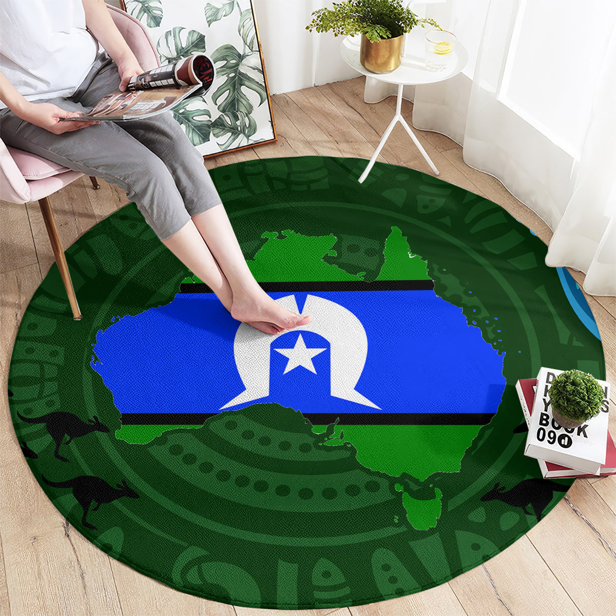 Round green carpet with blue band and white emblem star, full circular rug view