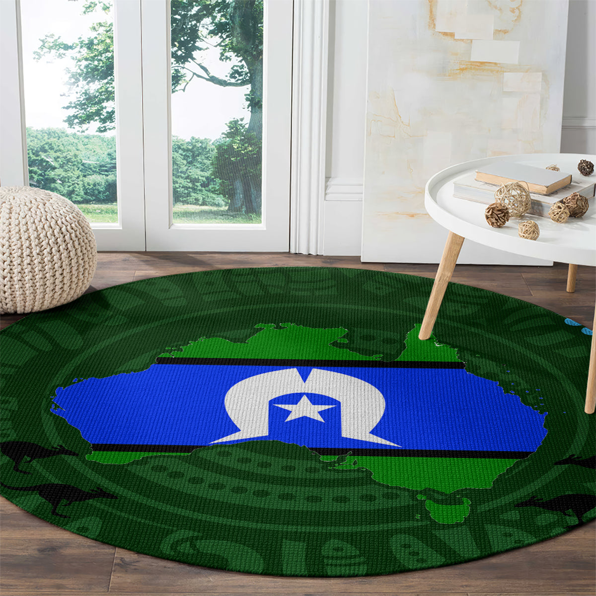 Round green carpet with blue center stripe and white star emblem, textured patterned border