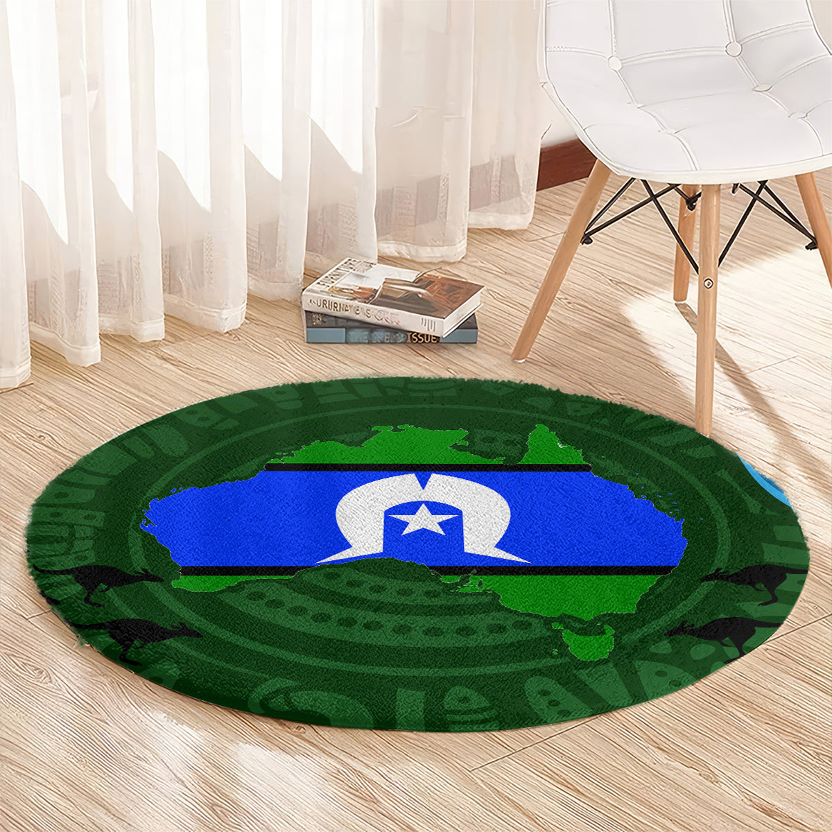 Round green carpet with blue center band and white star emblem, angled partial view