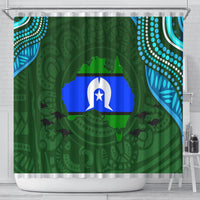 Green shower curtain with central blue flag emblem and patterned corner motifs