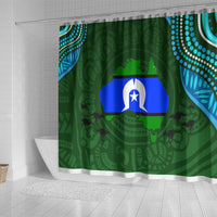Green shower curtain with central blue flag emblem and abstract dotted border motifs