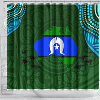Green shower curtain featuring central blue flag emblem, turquoise dotted corner design