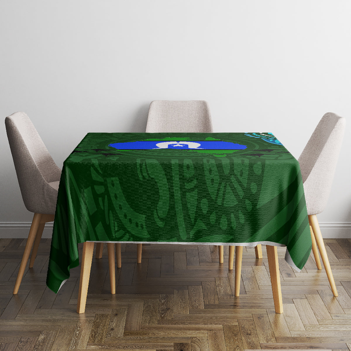 Green Aboriginal pattern tablecloth with blue oval motif, placed on small dining table