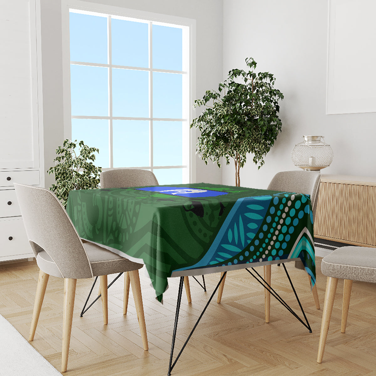 Green Aboriginal pattern tablecloth with blue curved design and dotted teal border