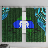 Green window curtain panels with blue and white Aboriginal-style pattern and star motif.