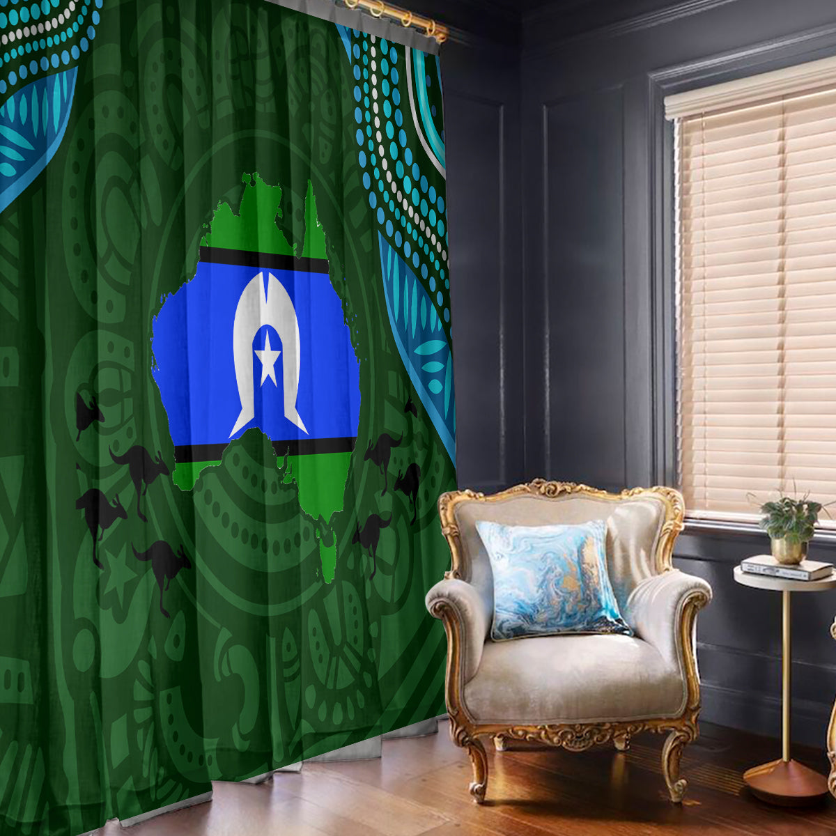 Green window curtain with blue center stripe and white star emblem; abstract dotted accents.