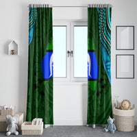 Green window curtain panels with blue central stripe, white star shape, and teal dotted arcs.
