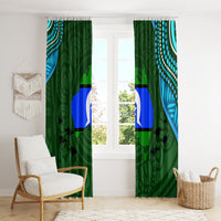 Green window curtain panels with blue band and white star emblem; teal dot waves on edges.