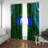 Green patterned window curtain panels with blue center stripe and white star; teal dot accents.