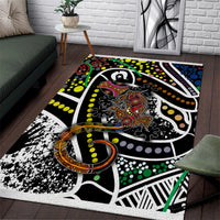 Multicolor dot art area rug with black field, white textured areas, and bright orange-green-blue details