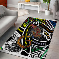 Multicolor Aboriginal-style dot and swirls area rug with black, white, yellow, green, blue design