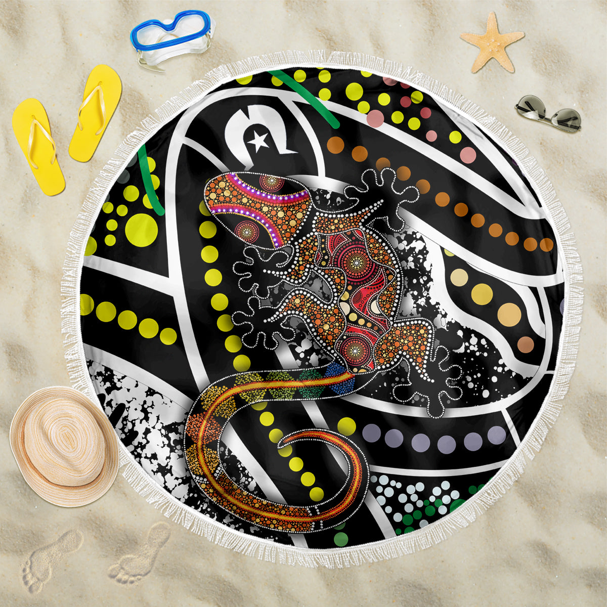 Round beach blanket with fringed edge, multicolor lizard dot-art pattern