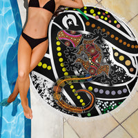 Round fringed beach blanket with multicolor lizard dot-art pattern by the pool