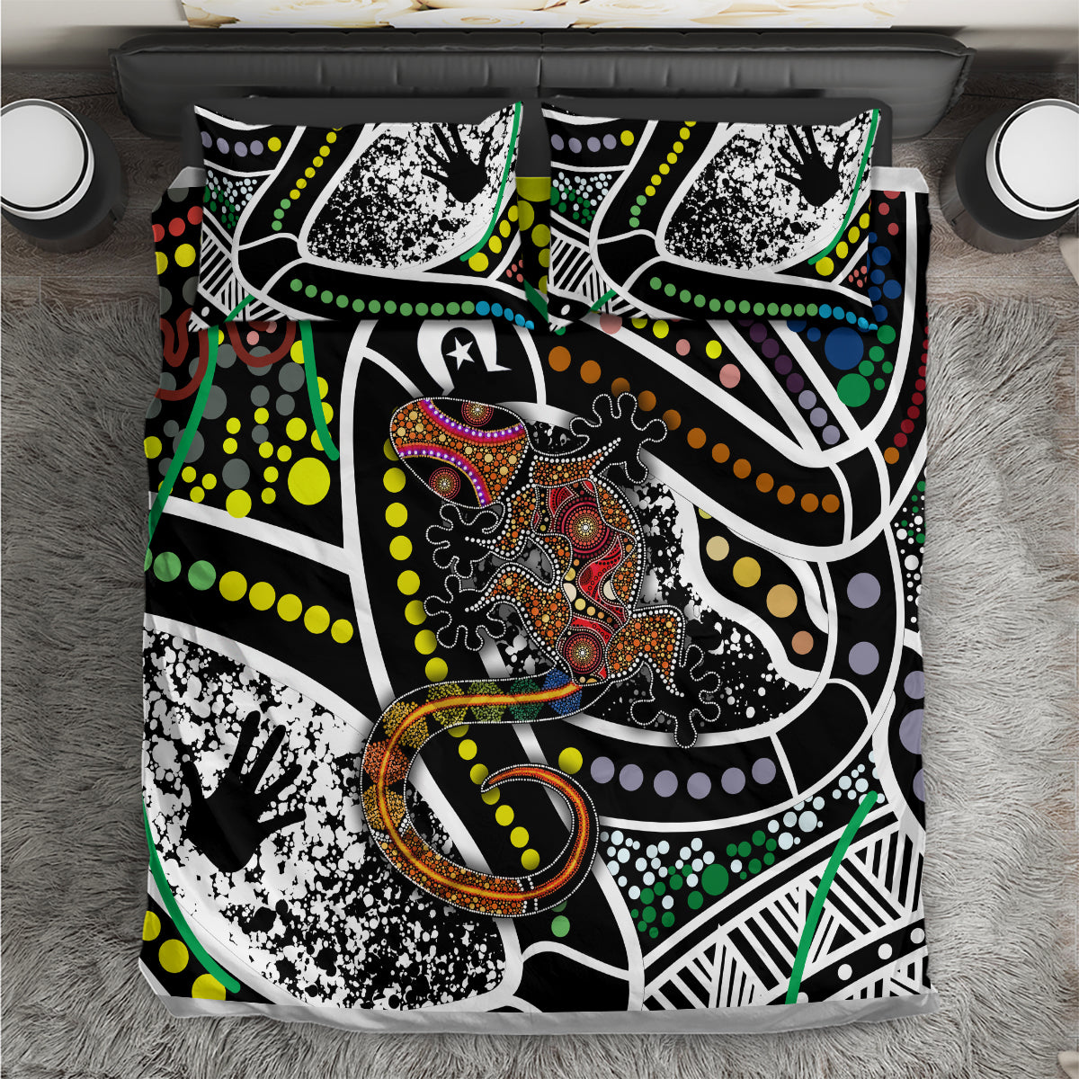 Multicolor Aboriginal lizard dot art bedding set with geometric pattern duvet and pillowcases