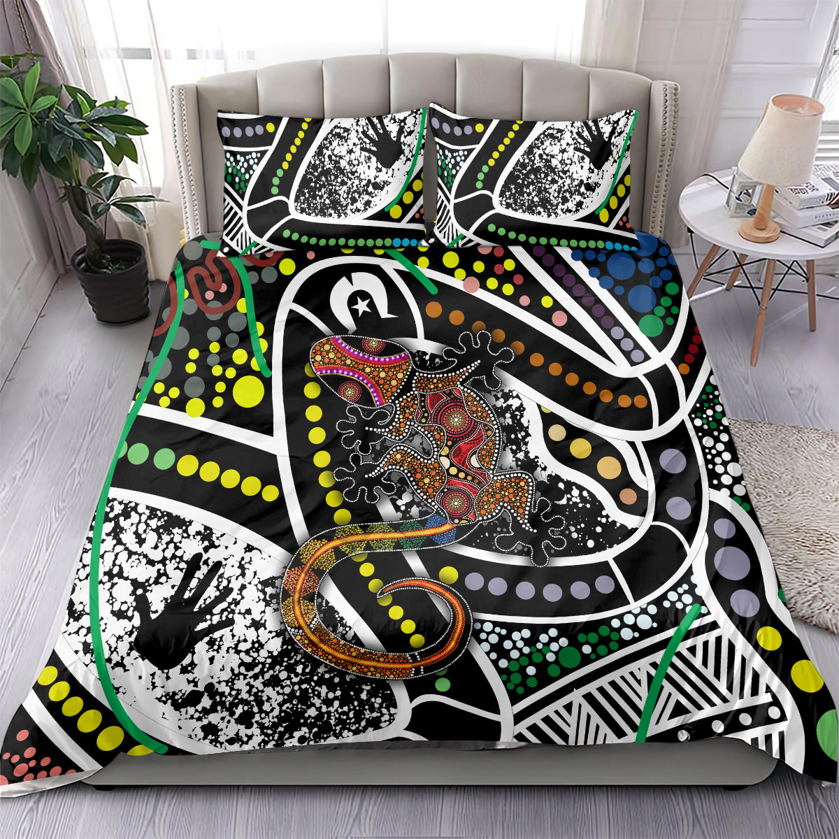 Multicolor Aboriginal lizard dot art bedding set featuring bold geometric duvet and two pillows