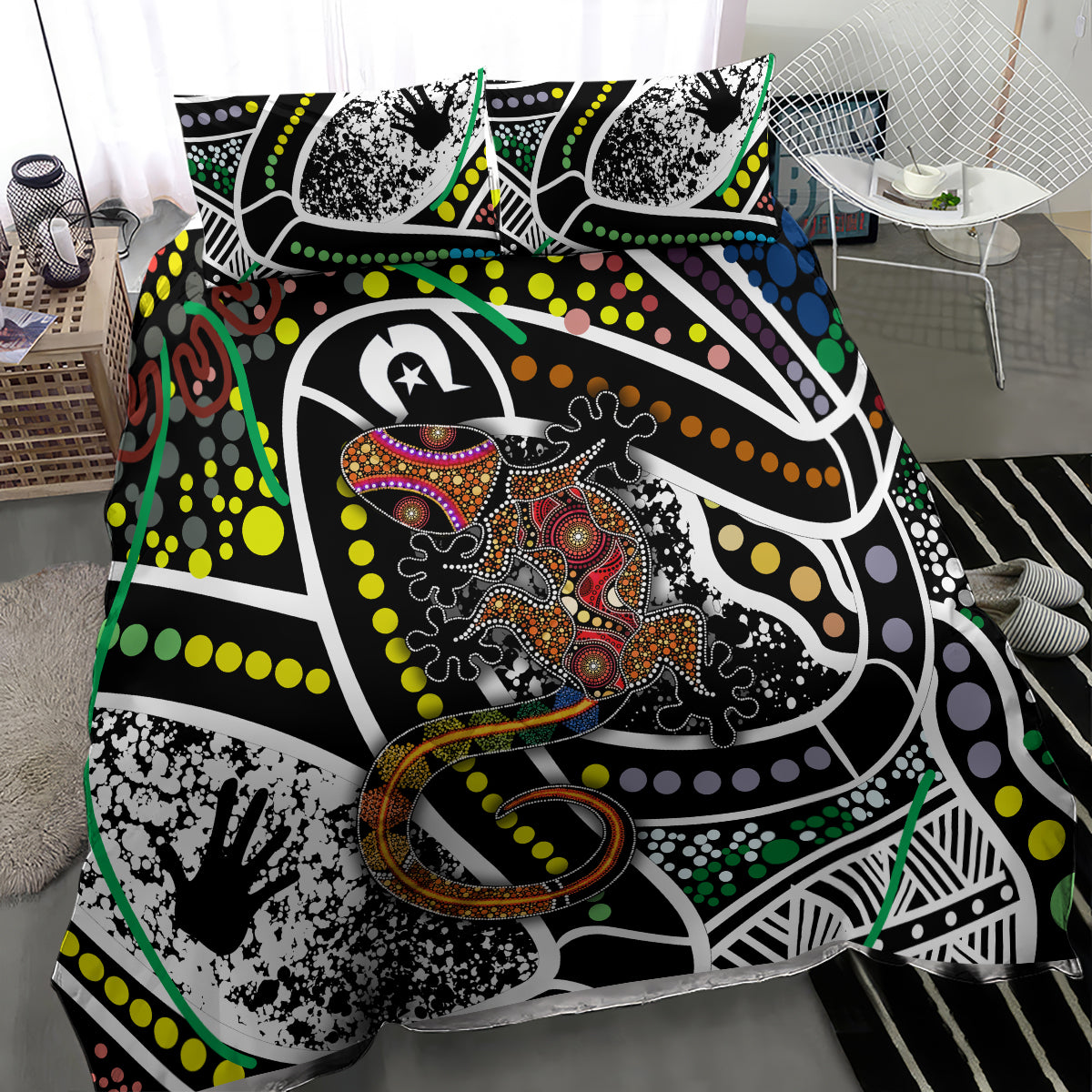 Multicolor Aboriginal lizard dot art bedding set showing patterned duvet and two matching pillows