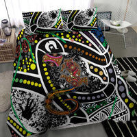Multicolor Aboriginal lizard dot art bedding set showing patterned duvet and two matching pillows