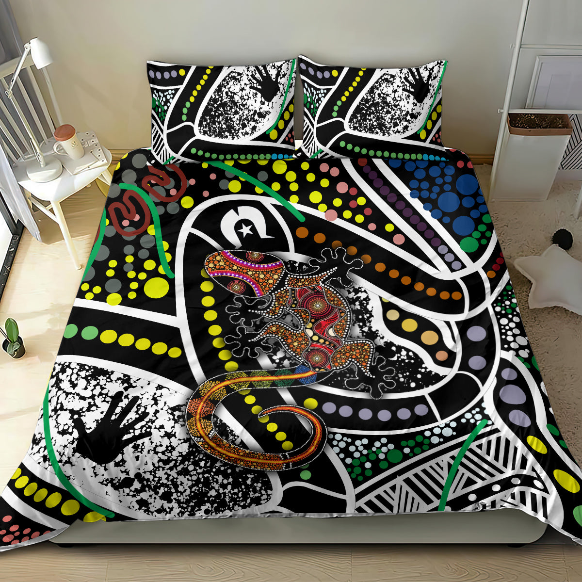 Multicolor Aboriginal lizard dot art bedding set with geometric duvet and matching pillow set