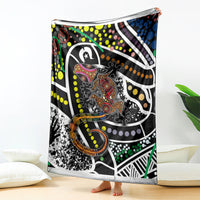 Lizard dot art blanket held open, multicolor dots and black-and-white lizard design