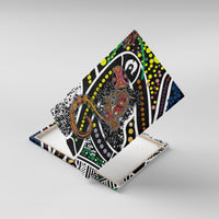 Multicolor lizard motif canvas wall art shown at an angle, with decorative dot rows.