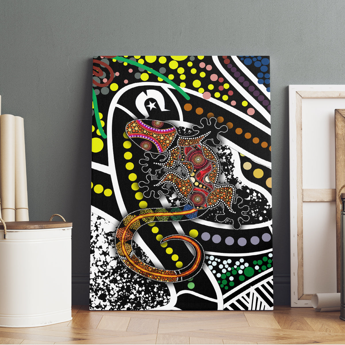 Multicolor lizard pattern canvas wall art against a dark wall, featuring colorful detailing.