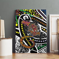 Multicolor lizard pattern canvas wall art against a dark wall, featuring colorful detailing.