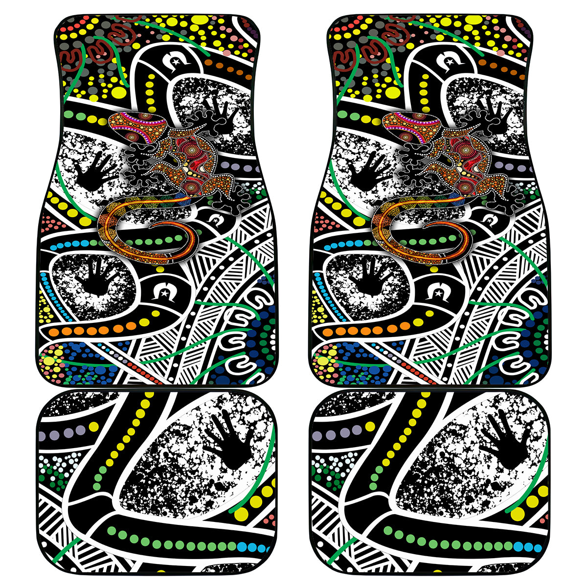 Pair of car floor mats with multicolor dot art lizard pattern, flat view