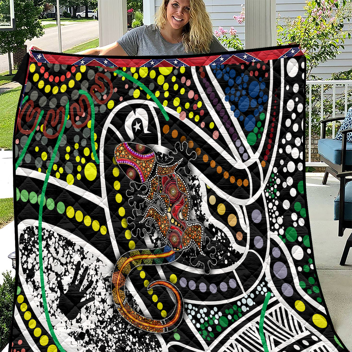 Multicolor Aboriginal lizard pattern dot art quilt with central animal and bold swirls