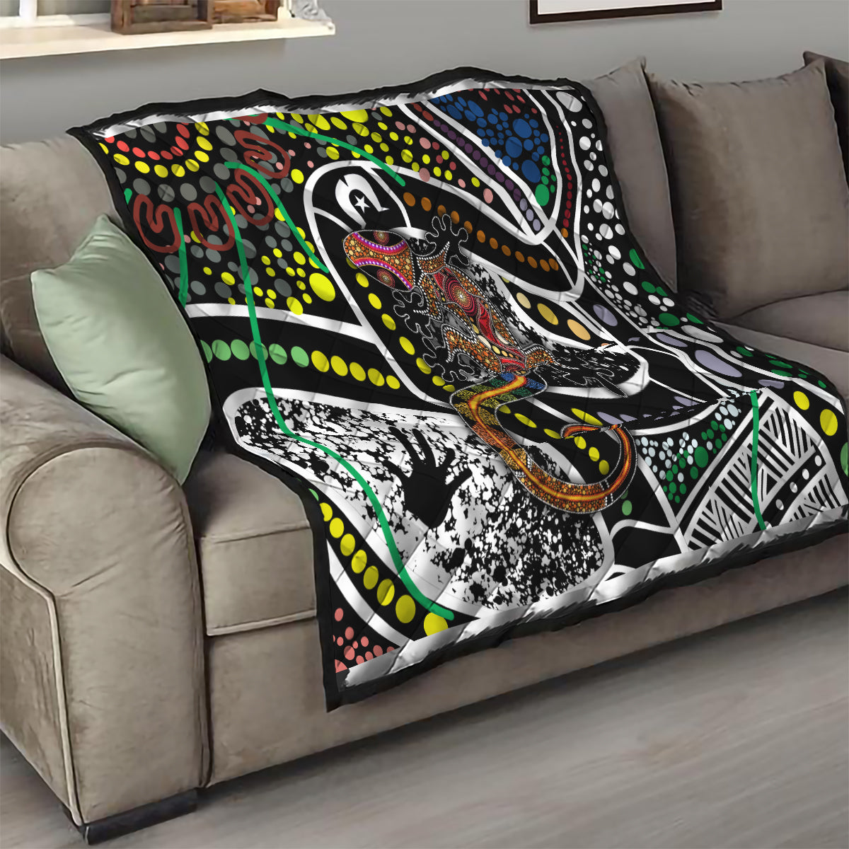 Multicolor Aboriginal lizard pattern dot art quilt draped over a sofa cushion