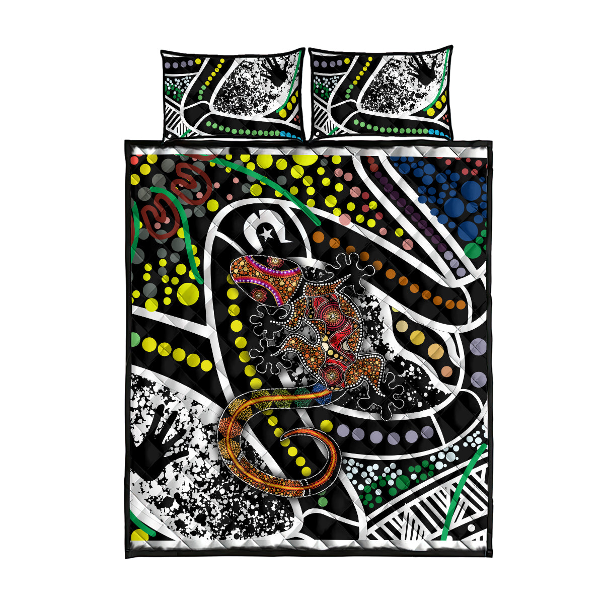Multicolor lizard pattern quilt set with two square pillows, circular dots and swirls