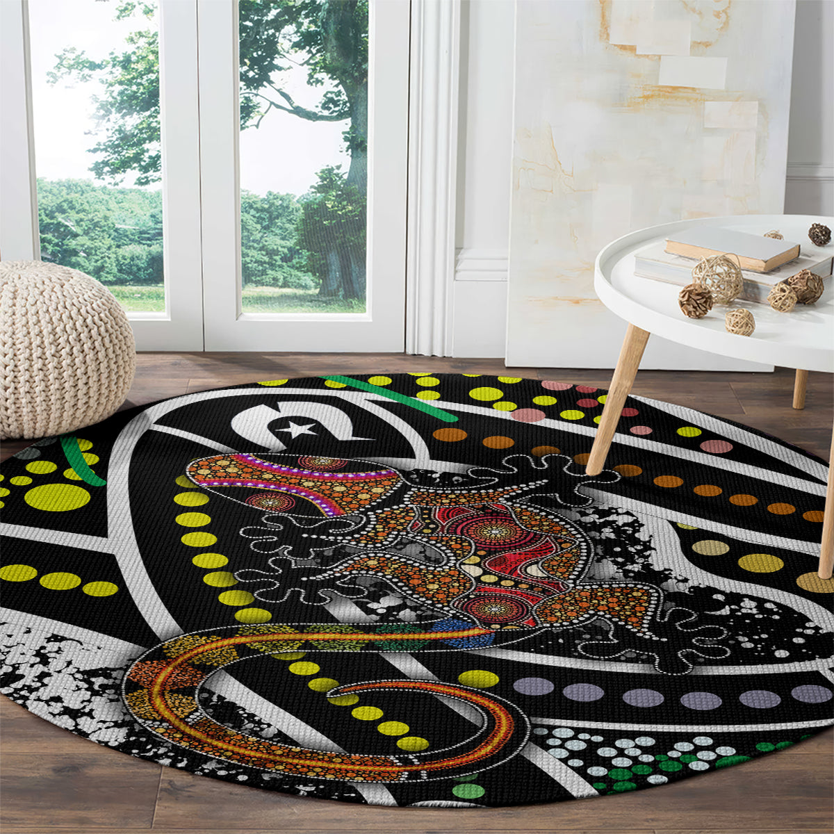 Round lizard pattern carpet with multicolor dot art on a black background