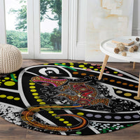 Round lizard pattern carpet with multicolor dot art on a black background