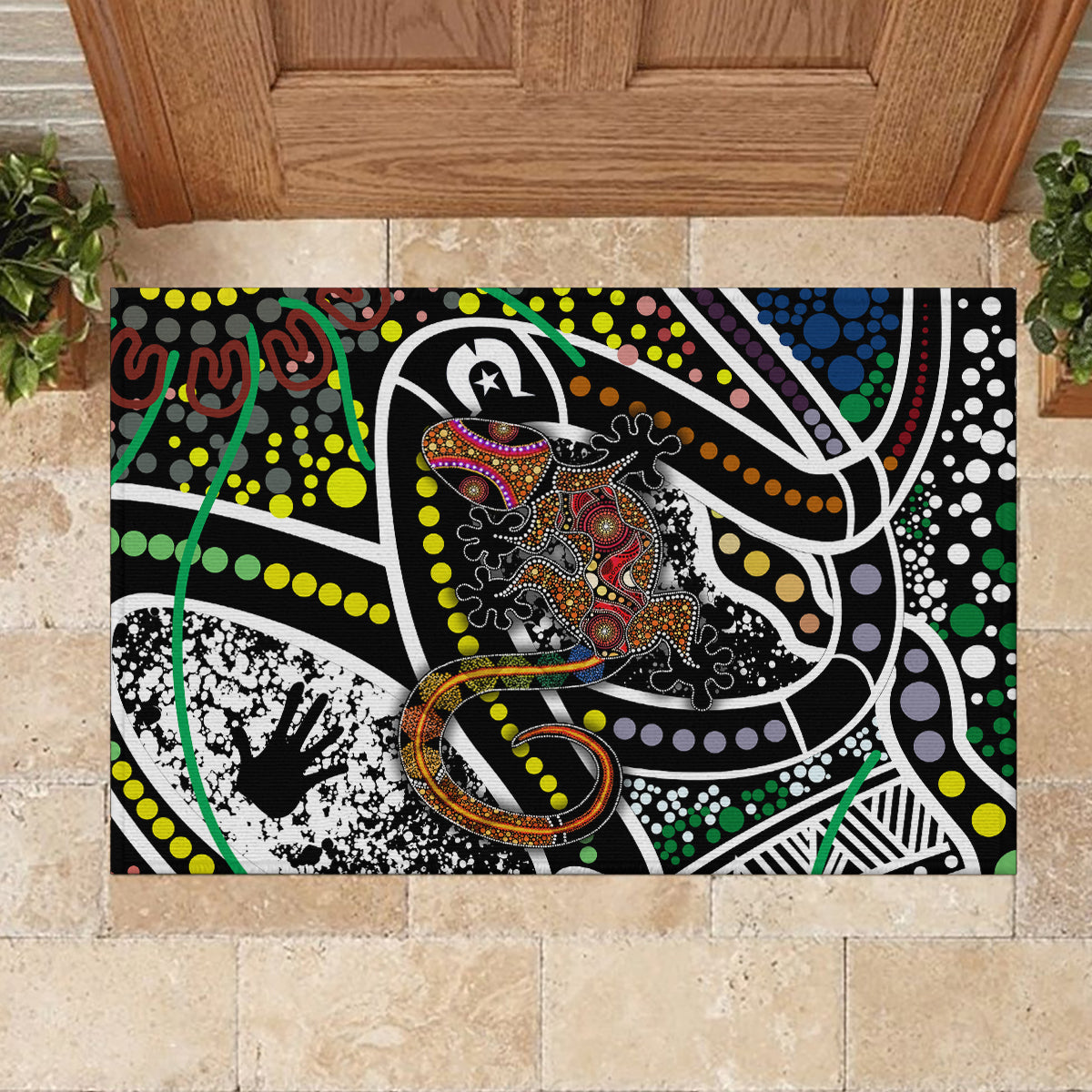 Rectangular multicolor rubber doormat with large central lizard figure and thick white ring