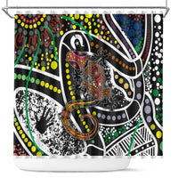 Multicolor abstract lizard shower curtain with bold dots, arcing lines, and white accents
